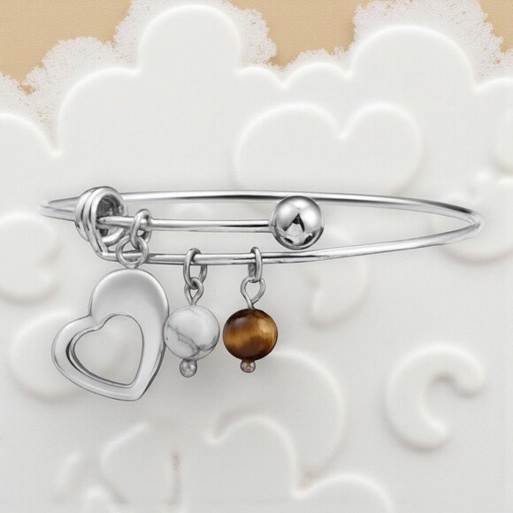 Boho Minimalist Bangle with Heart Tiger's Eye Magnesite Charms 18K Gold Plated - Picture 13 of 13